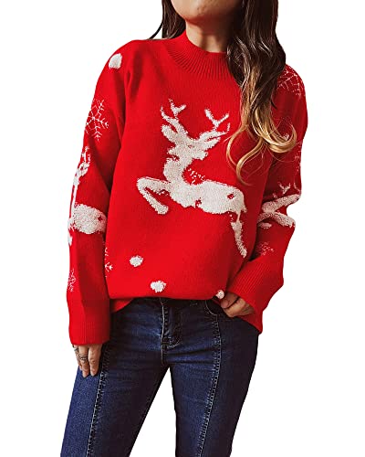 Felcia Damen Weihnachtspullover Baum Elch Muster Rundhals Langarm Weihnachten Strickwaren Winter Neujahr Outfit, A-red, M von Felcia