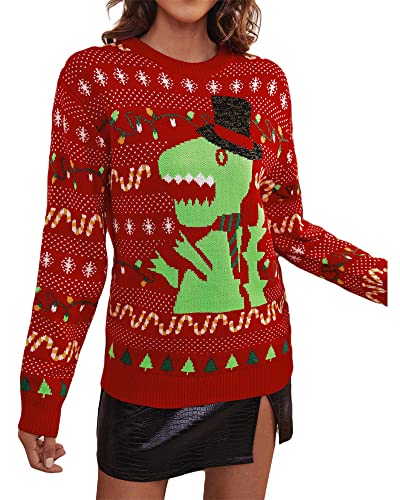 Felcia Damen Weihnachtspullover Baum Elch Muster Rundhals Langarm Weihnachten Strickwaren Winter Neujahr Outfit, B-Red Dinosaurier, L von Felcia