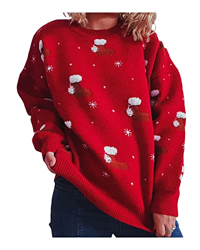 Felcia Damen Weihnachtspullover Baum Elch Muster Rundhals Langarm Weihnachten Strickwaren Winter Neujahr Outfit, E-Rot, M von Felcia