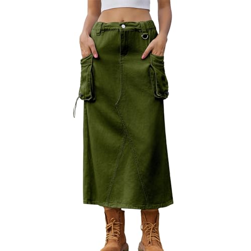 Felcia Damen Y2K Midi Cargo Rock Einfarbig Kordelzug Midi Rock Hohe Taille Vintage Trendy Rock mit Taschen, A-army Grün, 44 von Felcia