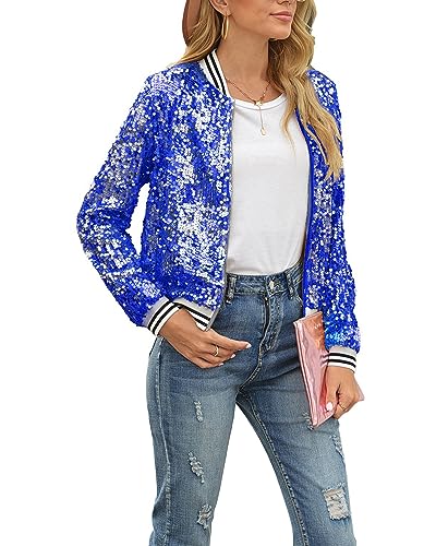 Felcia Damen-Jacke mit Reißverschluss, lässig, glänzend, Pailletten, leichte Jacke, langärmelig, Cardigan, Party, Kostüm, A-Blau, XL von Felcia
