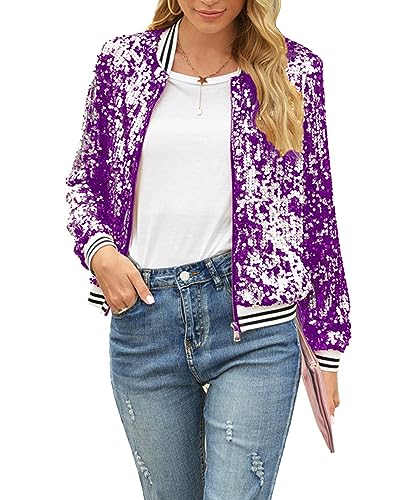 Felcia Damen Zip Up Jacke Casual Glänzende Pailletten Leichte Jacke Langarm Cardigan Party Kostüm, A-purple, 48 von Felcia