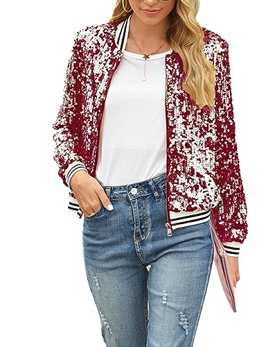 Felcia Damen Zip Up Jacke Casual Glänzende Pailletten Leichte Jacke Langarm Cardigan Party Kostüm, rot (a), 38 von Felcia