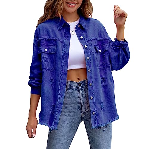 Felcia Frauen Boyfriend Zerrissen Denim Jacke Oversized Distressed Trucker Licht Langarm Button Down Jean Mantel, A-Blau, 46 von Felcia
