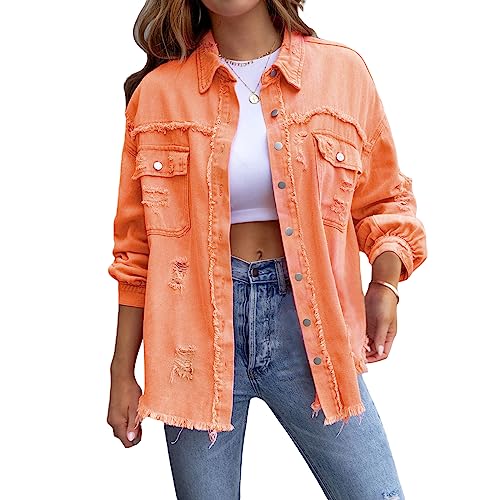 Felcia Frauen Boyfriend Zerrissen Denim Jacke Oversized Distressed Trucker Licht Langarm Button Down Jean Mantel, A-Orange, 36 von Felcia