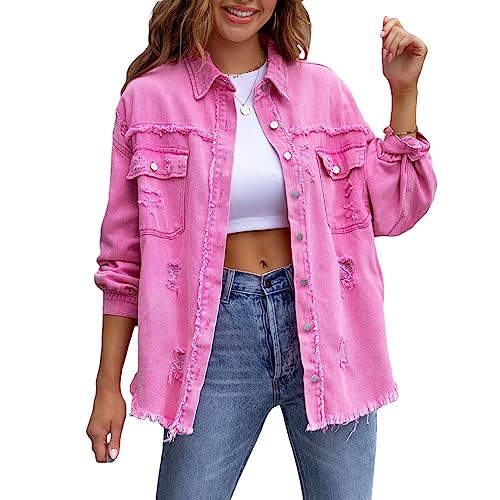 Felcia Frauen Boyfriend Zerrissen Denim Jacke Oversized Distressed Trucker Licht Langarm Button Down Jean Mantel, A-Pink, 46 von Felcia