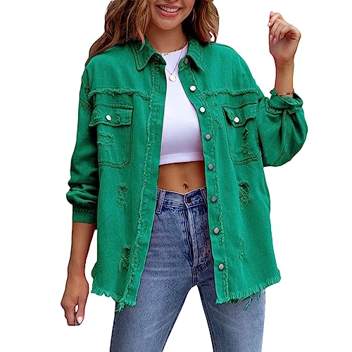 Felcia Frauen Boyfriend Zerrissen Denim Jacke Oversized Distressed Trucker Licht Langarm Button Down Jean Mantel, A-grün, 42 von Felcia