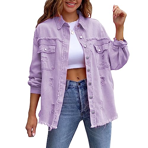 Felcia Frauen Boyfriend Zerrissen Denim Jacke Oversized Distressed Trucker Licht Langarm Button Down Jean Mantel, A-purple, 48 von Felcia