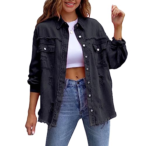 Felcia Frauen Boyfriend Zerrissen Denim Jacke Oversized Distressed Trucker Licht Langarm Button Down Jean Mantel, A-schwarz, 48 von Felcia