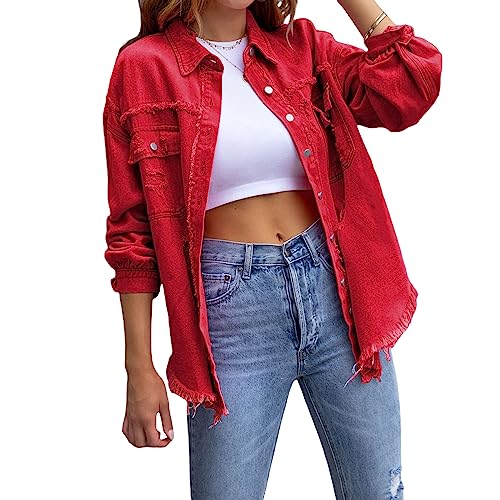 Felcia Frauen Boyfriend Zerrissen Denim Jacke Oversized Distressed Trucker Licht Langarm Button Down Jean Mantel, rot (a), 38 von Felcia