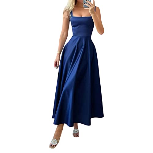 Felcia Frauen Casual A-Linie Kleid Ärmellos Quadratischer Ausschnitt Hohe Taille Langes Kleid Sommer Strand Urlaub Flowy Sommerkleid, A-Blau, L von Felcia