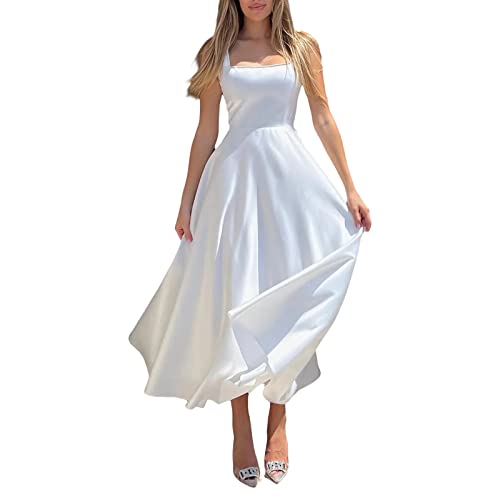Felcia Frauen Casual A-Linie Kleid Ärmellos Quadratischer Ausschnitt Hohe Taille Langes Kleid Sommer Strand Urlaub Flowy Sommerkleid, A-weiß, L von Felcia