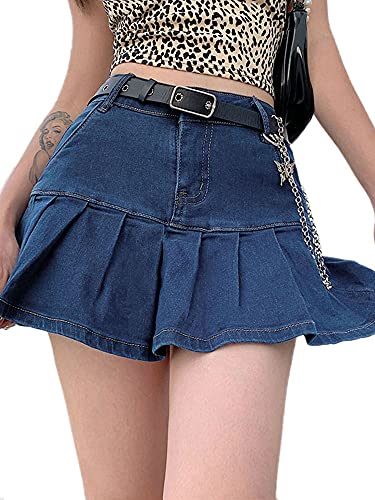Felcia Frauen Sommer Slim Plissee Rüschen Denim Röcke Hohe Taille Harajuku Gothic Punk Mädchen Y2K Vintage A-Linie Kurze Jeans Mini Röcke Gr. 40, A-Blau von Felcia