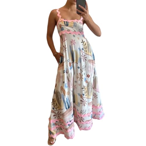 Felcia Langes Damenkleid mit Spaghettiträgern, Sommer, fließend, rückenfrei, Boho, A-Linie, Cami-Kleid, lässiges Sommerkleid, Strandmode, A-Pink, L von Felcia