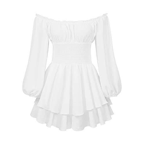 Felcia Piratenkostüm Damen Eingebaute Shorts Chiffon Kleid Spitze Puffer Ärmel Langarm Elastische Taille 2024 Weißes Kleid (A-Weiß, S) von Felcia