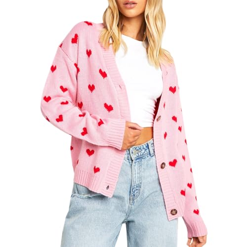 Felcia Strickjacke mit Herz-Aufdruck, für Damen, langärmelig, V-Ausschnitt, Knopfleiste, übergroße Pullover, warme Oberbekleidung, Streetwear, C-pink, M Felcia Strickjacke mit Herz-Aufdruck, für Damen, langärmelig, V-Ausschnitt, Knopfleiste, übergroße Pullover, warme Oberbekleidung, Streetwear, C-pink, M von Felcia