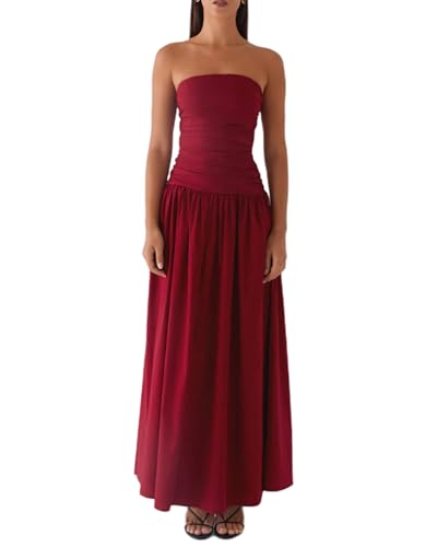Felcia Trägerloses Maxikleid für Damen, schulterfrei, ärmellos, gerüscht, figurbetont, Bandeau-Kleid, langes Kleid, rückenfrei, lässig, fließendes Sommerkleid, Rot a, S Felcia Trägerloses Maxikleid für Damen, schulterfrei, ärmellos, gerüscht, figurbetont, Bandeau-Kleid, langes Kleid, rückenfrei, lässig, fließendes Sommerkleid, Rot a, S von Felcia
