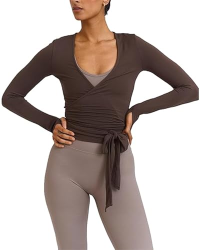 Felcia Y2K Damen Wickeltop mit Kreuzbindung, lange Ärmel, tiefer V-Ausschnitt, bauchfreies Shirt, schmale Passform, Tanz-Bolero, Shrug Fairy Yoga, Workout, Bluse, Kaffee B, XL Felcia Y2K Damen Wickeltop mit Kreuzbindung, lange Ärmel, tiefer V-Ausschnitt, bauchfreies Shirt, schmale Passform, Tanz-Bolero, Shrug Fairy Yoga, Workout, Bluse, Kaffee B, XL von Felcia