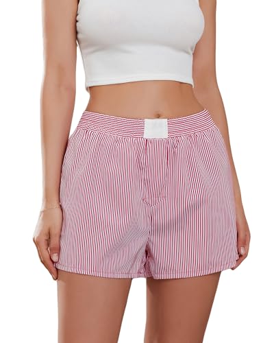 Felcia Y2K Pyjama-Shorts für Damen, niedliches Karomuster, Schlaf-Shorts, elastisch, niedrige Taille, Knopfleiste vorne, Lounge-Shorts, E-Rot, 36 von Felcia