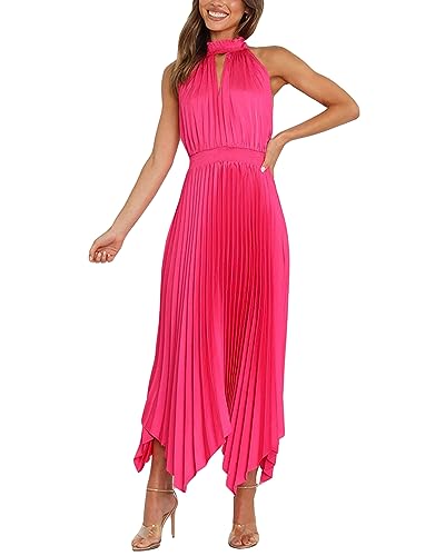 Frauen Sommer Casual Midi Kleid Einfarbig Neckholder Ärmelloses Kleid Mode Unregelmäßigen Saum Geburtstag Kleid, A-Rose Red, L von Felcia