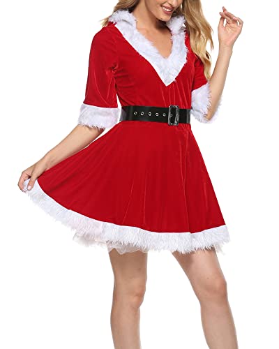 Frauen Weihnachten Cosplay Kostüm Set Weihnachtsbaum Kleid Kapuze Pailletten Fancy Kostüm für Festival Party, F-red, 46 von Felcia