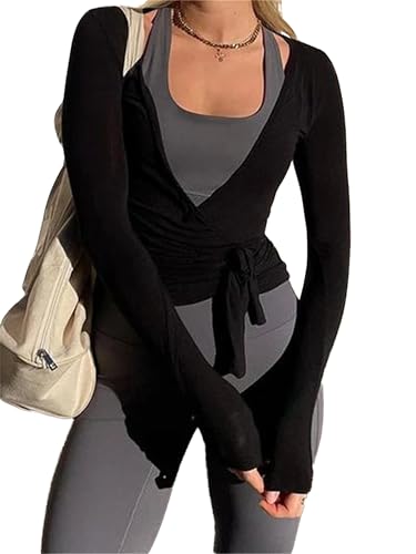 Frauen Y2k Ballett Wrap Top Langarm Tiefer V-Ausschnitt Slim Fit Yoga Pilates Ballet Workout Tops Frühling Kleidung (A-Black, S) von Felcia