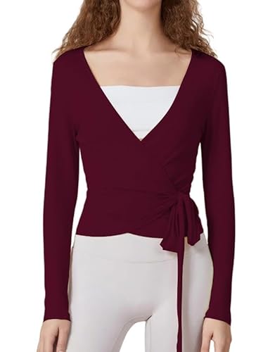 Frauen Y2k Ballett Wrap Top Langarm Tiefer V-Ausschnitt Slim Fit Yoga Pilates Ballet Workout Tops Frühling Kleidung (A-Claret, M) von Felcia