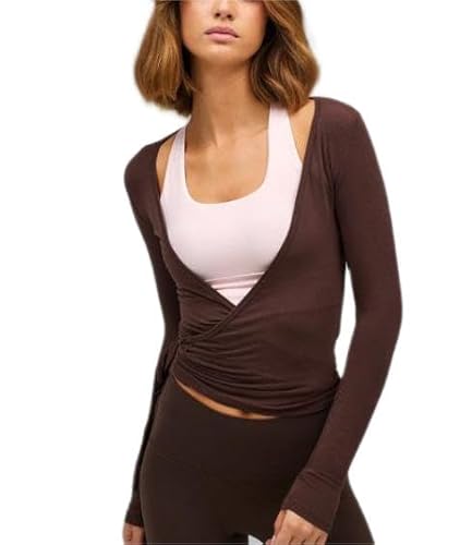 Frauen Y2k Ballett Wrap Top Langarm Tiefer V-Ausschnitt Slim Fit Yoga Pilates Ballet Workout Tops Frühling Kleidung (A-Coffee, S) von Felcia