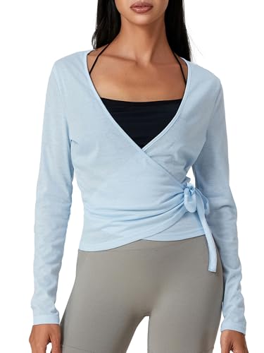 Frauen Y2k Ballett Wrap Top Langarm Tiefer V-Ausschnitt Slim Fit Yoga Pilates Ballet Workout Tops Frühling Kleidung (A-Lake Blue, M) von Felcia