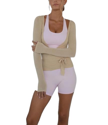Frauen Y2k Ballett Wrap Top Langarm Tiefer V-Ausschnitt Slim Fit Yoga Pilates Ballet Workout Tops Frühling Kleidung (A-Light Brown, S) von Felcia