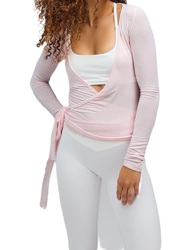 Frauen Y2k Ballett Wrap Top Langarm Tiefer V-Ausschnitt Slim Fit Yoga Pilates Ballet Workout Tops Frühling Kleidung (A-Pink, L) von Felcia