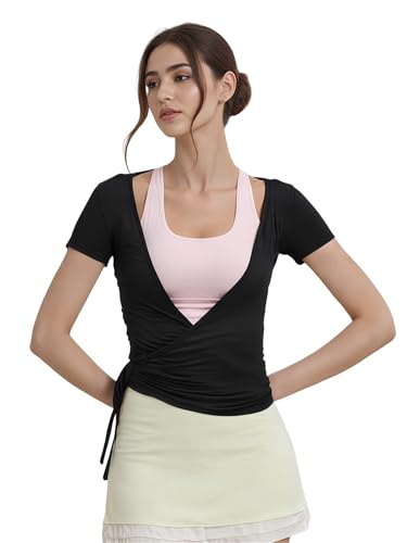 Frauen Y2k Ballett Wrap Top Langarm Tiefer V-Ausschnitt Slim Fit Yoga Pilates Ballet Workout Tops Frühling Kleidung (B-Black, L) von Felcia