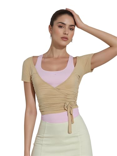Frauen Y2k Ballett Wrap Top Langarm Tiefer V-Ausschnitt Slim Fit Yoga Pilates Ballet Workout Tops Frühling Kleidung (B-Lotus Root Color, S) von Felcia