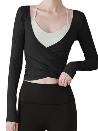 Frauen Y2k Ballett Wrap Top Langarm Tiefer V-Ausschnitt Slim Fit Yoga Pilates Ballet Workout Tops Frühling Kleidung (C-Black, L) von Felcia