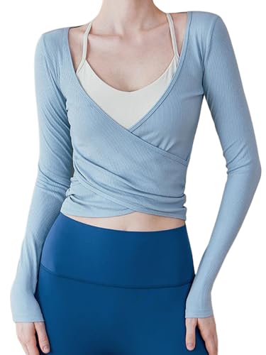 Frauen Y2k Ballett Wrap Top Langarm Tiefer V-Ausschnitt Slim Fit Yoga Pilates Ballet Workout Tops Frühling Kleidung (C-Sky Blue, S) von Felcia