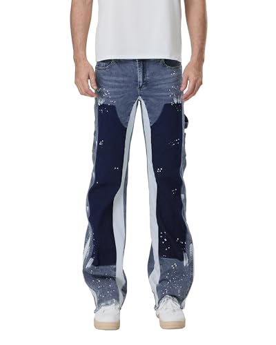 Herren Micro Flare Jeans Mode Tintenspritzer Patchwork Denim Hose Frühling Sommer Freizeithose mit Taschen, A-Blau, XXL von Felcia