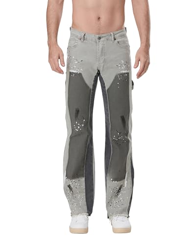 Herren Micro Flare Jeans Mode Tintenspritzer Patchwork Denim Hose Frühling Sommer Freizeithose mit Taschen, A-grau, XXL Herren Micro Flare Jeans Mode Tintenspritzer Patchwork Denim Hose Frühling Sommer Freizeithose mit Taschen, A-grau, XXL von Felcia