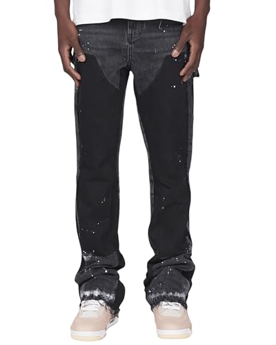Herren Micro Flare Jeans Mode Tintenspritzer Patchwork Denim Hose Frühling Sommer Freizeithose mit Taschen, A-schwarz, XL von Felcia