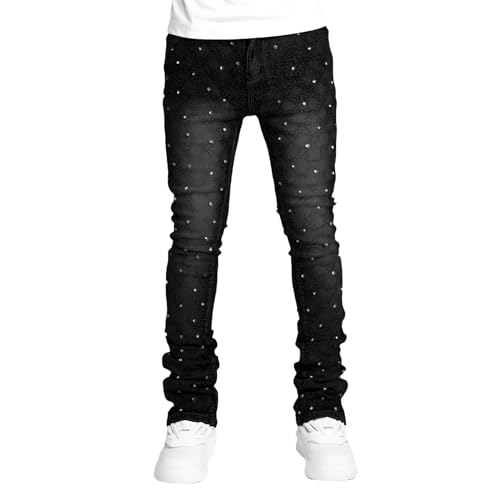 Herren Skinny Jeans Mode Strass Regular Straight Leg Slim Fit Denim Hose mit Taschen Y2k Streetwear, A-schwarz, S von Felcia