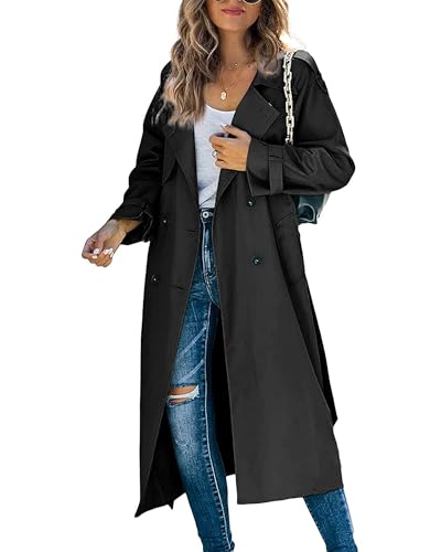 Klassischer langer Trenchcoat für Damen, Zweireiher, Revers, Langarm, winddichter Mantel mit Gürtel, A-schwarz, M von Felcia