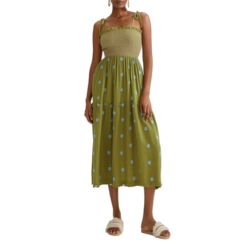 Langes Damenkleid mit Blumenstickerei, quadratischer Ausschnitt, Spaghettiträger, A-Linie, lässiges Rüschenkleid, fließendes Boho-Cami-Kleid, A-grün, L von Felcia