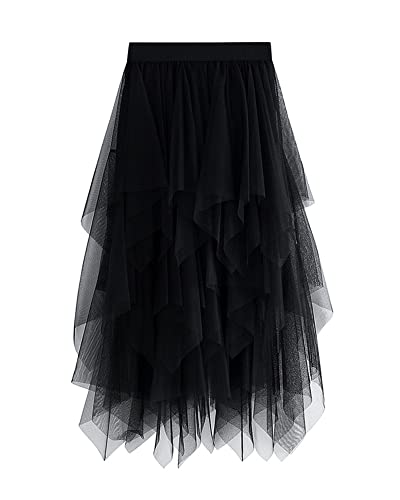 Tüllröcke für Damen, unregelmäßige, gestufte, elastische, geschichtete Mesh-A-Linien-Midiröcke mit hoher Taille (A-Black, ONE Size) von Felcia