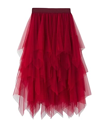 Tüllröcke für Damen, unregelmäßige, gestufte, elastische, geschichtete Mesh-A-Linien-Midiröcke mit hoher Taille (Red, ONE Size) von Felcia