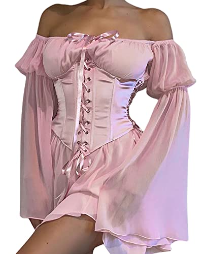 Women Off Shoulder Long Sleeve Renaissance Dress Solid Color Mesh Boat Neck Loose Short Dress Without Bustier (A-Pink, S) von Felcia