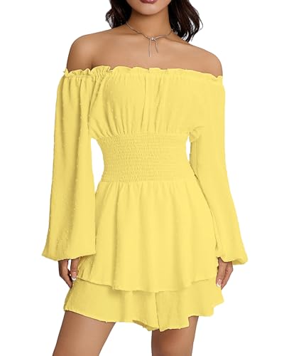 Women Off Shoulder Long Sleeve Renaissance Dress Solid Color Mesh Boat Neck Loose Short Dress Without Bustier (B-Gelb, L) von Felcia