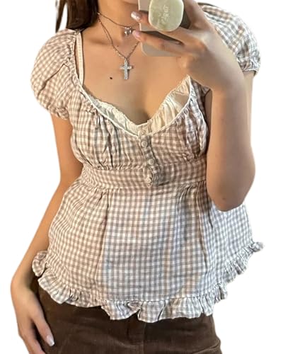 Y2K Damen Crop Top mit Rüschen, kurze Puffärmel, V-Ausschnitt, Spitzenbesatz, Button-Down-T-Shirt, Sommer, Fee, Grunge, Babydoll-Bluse, T-Shirt, Braunes Karomuster D, M Y2K Damen Crop Top mit Rüschen, kurze Puffärmel, V-Ausschnitt, Spitzenbesatz, Button-Down-T-Shirt, Sommer, Fee, Grunge, Babydoll-Bluse, T-Shirt, Braunes Karomuster D, M von Felcia