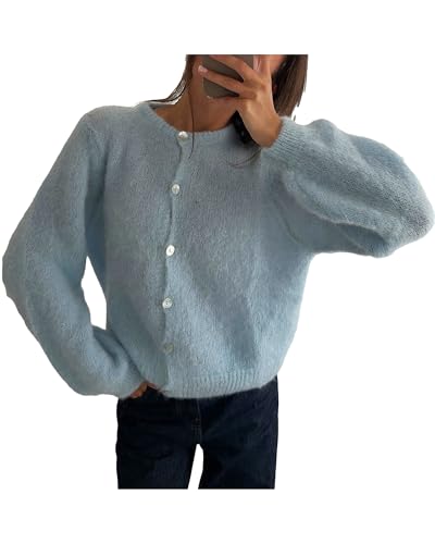 Y2K Damen-Strickjacke, lockere Passform, langärmelig, Knopfleiste, vorne offen, weicher Mohair-Strickmantel, Blau E, L von Felcia