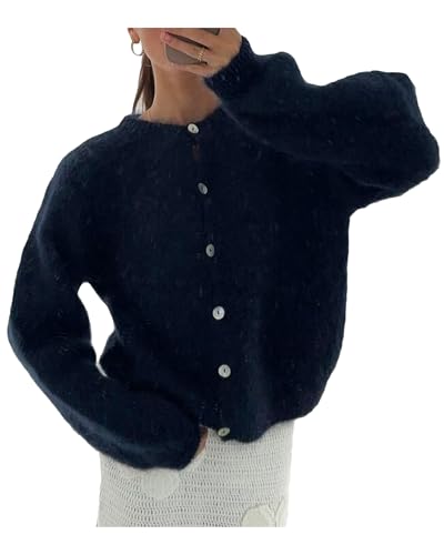 Y2K Damen-Strickjacke, lockere Passform, langärmelig, Knopfleiste, vorne offen, weicher Mohair-Strickmantel, Marineblau E, S von Felcia