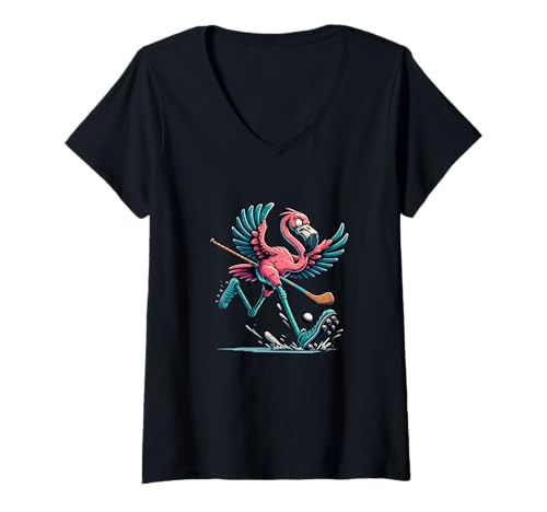 Damen Lustiger Flamingo Feldhockey Cartoon Maskottchen T-Shirt mit V-Ausschnitt von Feldhockey Flamingo Cartoon Sport Humor Team