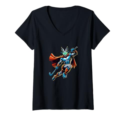 Damen Superheld Hase Mit Hockeyschlaeger Feldhockey Power T-Shirt mit V-Ausschnitt Damen Superheld Hase Mit Hockeyschlaeger Feldhockey Power T-Shirt mit V-Ausschnitt von Feldhockey Hase Superheld Sport Spieler Team
